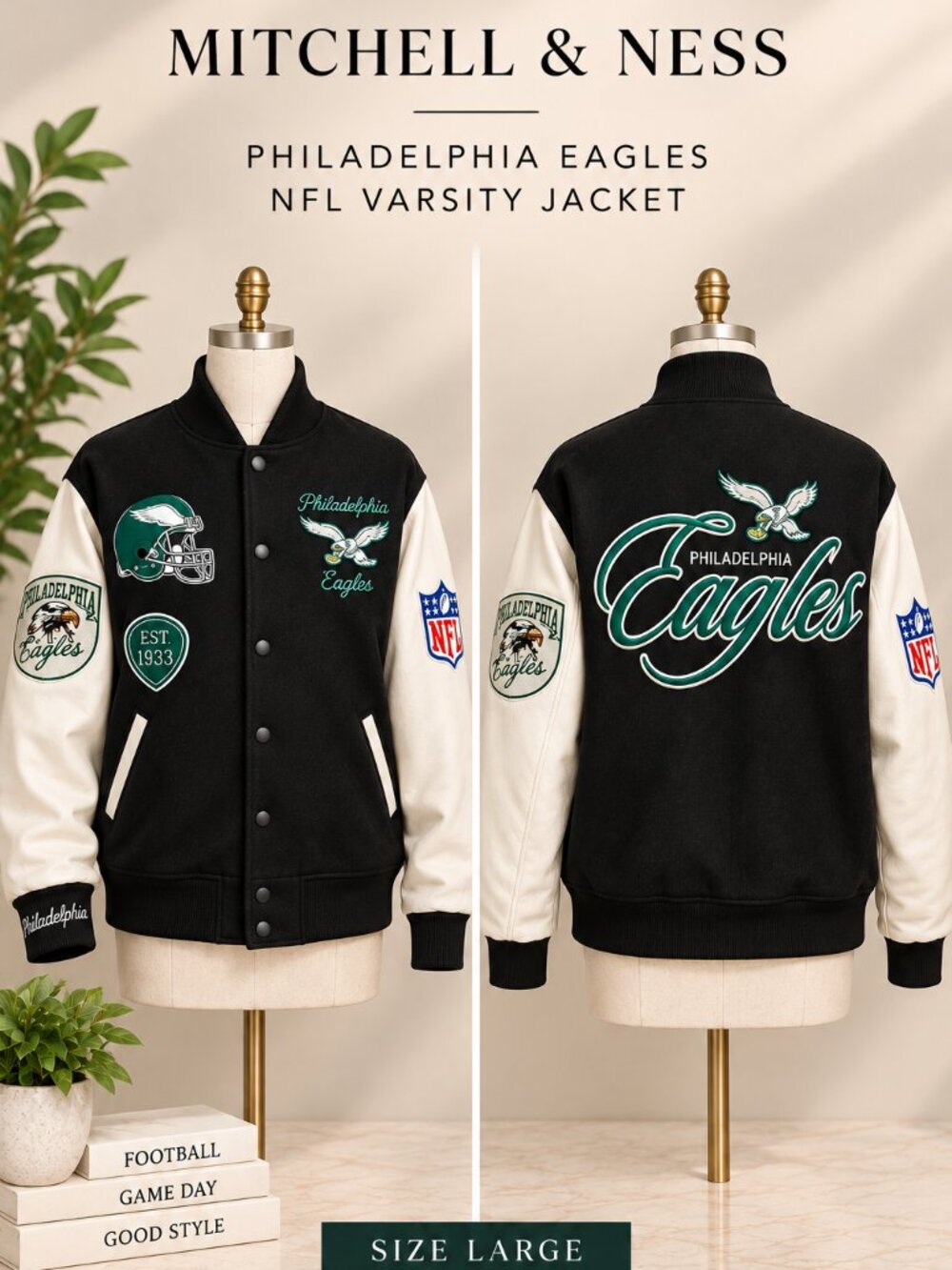 Mitchell & Ness Philadelphia Eagles NFL Varsity Jacket Black Cream Size Large